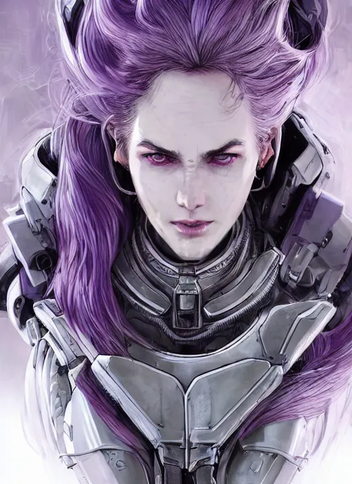 Prompt: close up portrait of a pale woman in sci - fi power armor with purple hair, powerful, domineering, stoic, masterful, intense, ultrafine hyperdetailed illustration by kim jung gi, irakli nadar, intricate linework, sharp focus, octopath traveler, yoji shinkawa, highly rendered, detailed, concept art, intricate environment