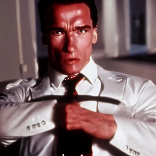 Image similar to arnold schwarzenegger as patrick bateman in american psycho