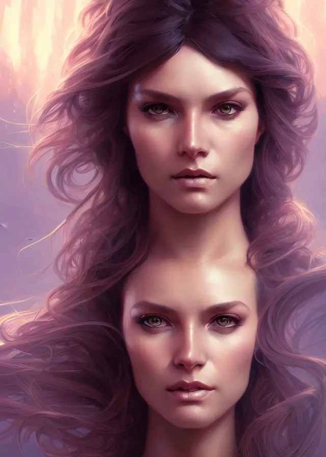 Image similar to futuristic woman portrait, sci-fi, amber eyes, face, long hair, fantasy, intricate, elegant, highly detailed, digital painting, artstation, concept art, smooth, sharp focus, illustration, art by artgerm and greg rutkowski and alphonse mucha