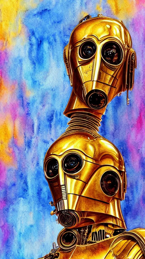 Prompt: a portrait of c - 3 po in a watercolor style. faded wash. style of robert hagan. color harmony, 8 k detail, gallery quality, hd wallpaper, premium prints available, hyper - detailed, intricate design.