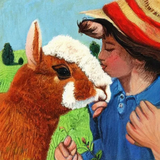 Image similar to a rabbit lovingly kissing a realistic alpaca's cheek in the style of gifford beal