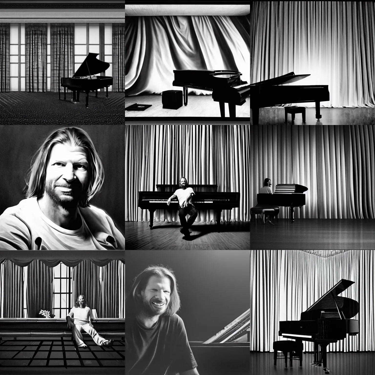 Prompt: Aphex Twin sitting by a grand piano, background made of large folding curtains, dark, hyper detailed, hyper realistic, 8K phot realistic, black and white color, dimly lit, dark,