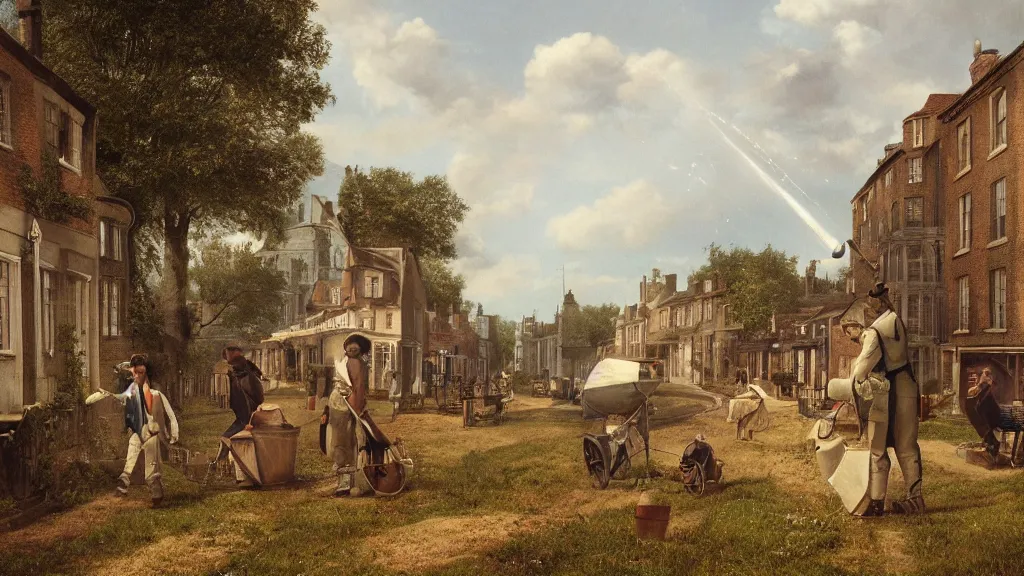 Prompt: Gulliver using a watering can to drop rain in the Lilliputian town of London, nineteenth century, photorealistic, f16, rendered in octane