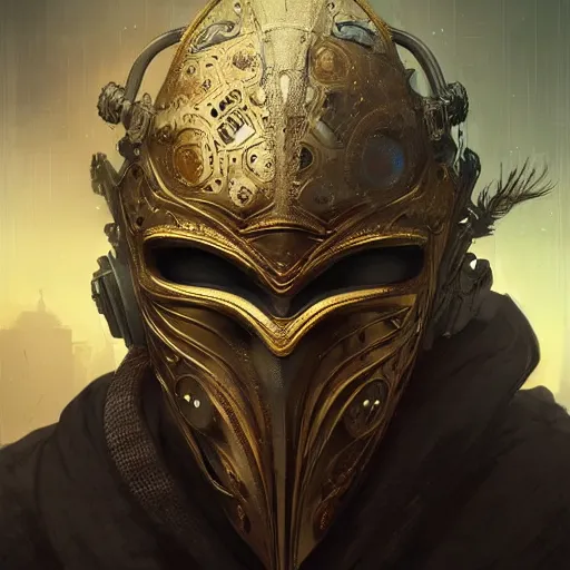 Image similar to Very very very very highly detailed epic photo of face with venetian mask, intricate, dystopian, sci-fi, extremely detailed, digital painting, artstation, concept art, smooth, sharp focus, illustration, intimidating lighting, incredible art by Brom