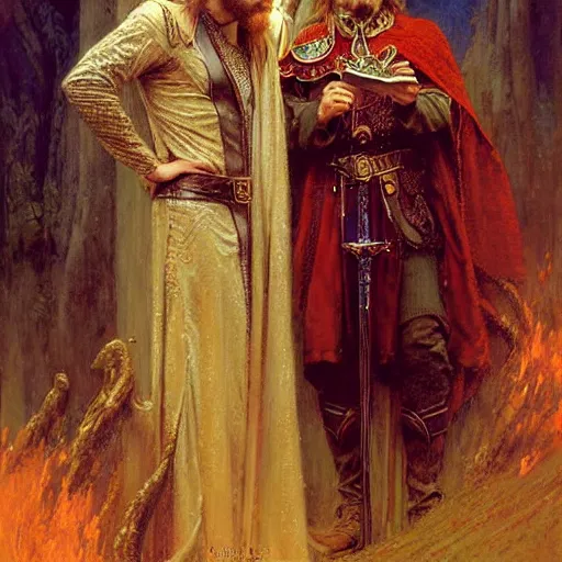 Image similar to stunning arthur pendragon in love with stunning male merlin the mage. they are close to each other. highly detailed painting by gaston bussiere, craig mullins, j. c. leyendecker