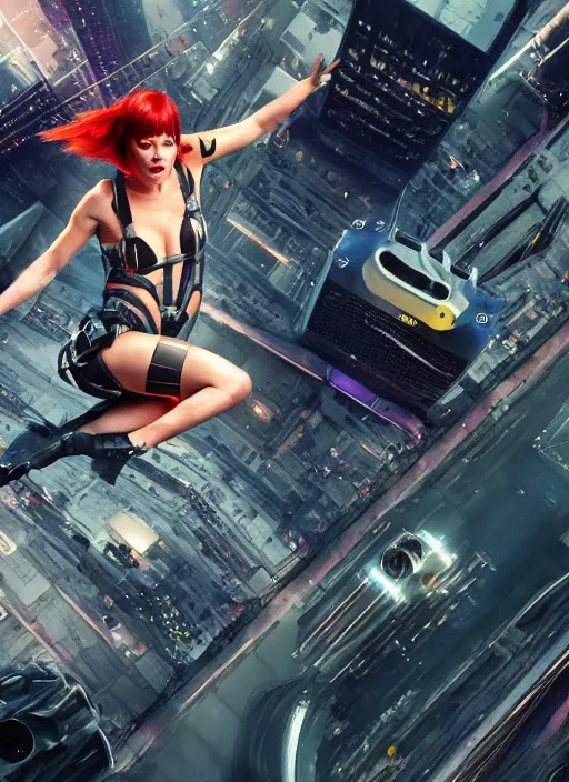 Image similar to Mila Jovovich as Leeloo from the Fifth Element Jumping over a flying Taxi seen from above. Futuristic city 8k. Luc Beson. Cinematic lighting. Hollywood. flares. Flying cars. insanely detailed, trending on artstation, sharp focus, post-processing. 35mm film.