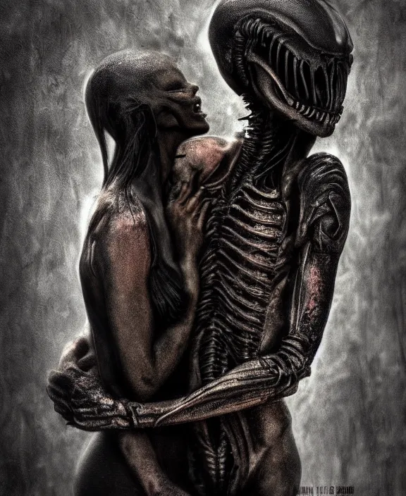 Image similar to xenomorph hugging pale sad beauty merging, dark mist colors, giger background liminal void, digital art, cinematic lighting, realistic, award winning photograph, various refining methods, micro macro autofocus