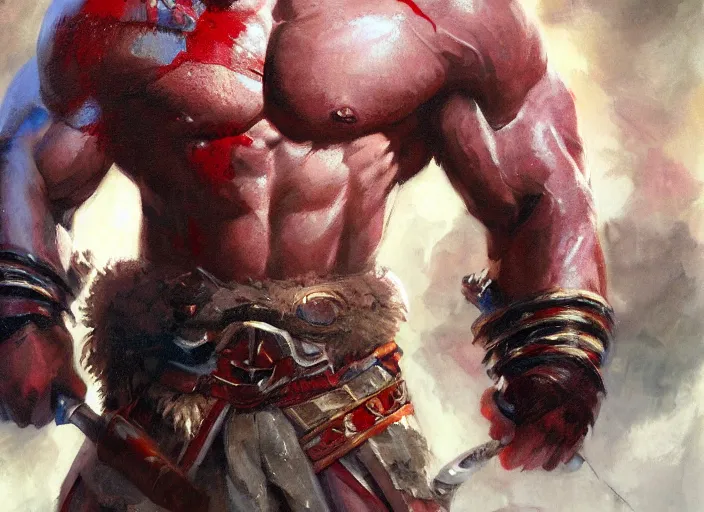 Prompt: a highly detailed beautiful portrait of dwayne johnson kratos hybrid god of war, by gregory manchess, james gurney, james jean, octane, fantasy