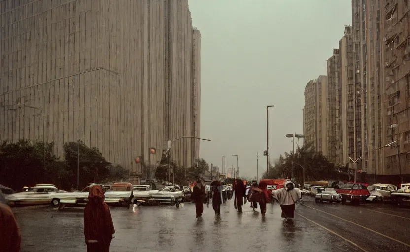 Prompt: 70s movie still of a sovietic street with pedestrians with soviet highrise in the backround , Cinestill 800t 18mm ektachrome color, heavy grainy picture, very detailed, high quality, 4k panoramic, HD criterion, dramatic lightning, streetlight at night, rain, gigantic marx portraits on the walls