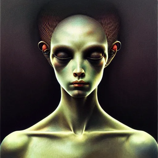 Prompt: ultra realist soft painting of a single attractive alien female, black scales, very intricate details, artstyle Zdzisław Beksiński, award winning