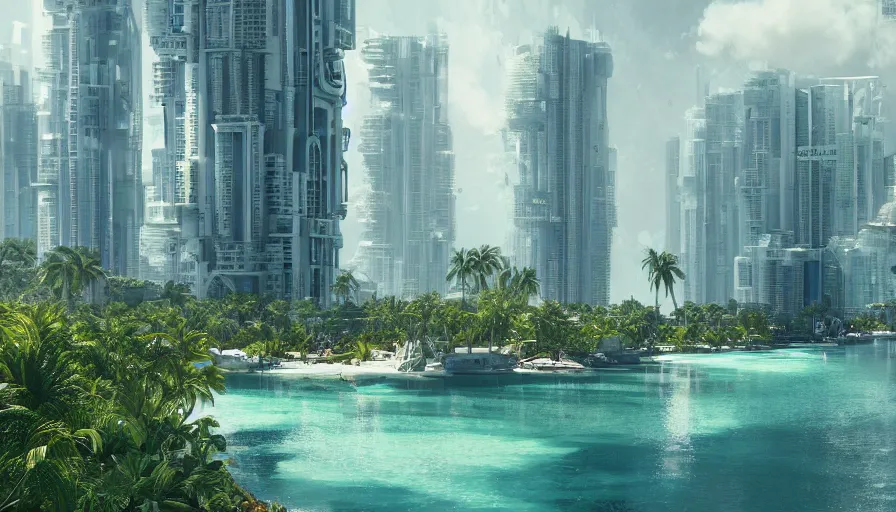 Prompt: Futuristic Miami with some big buildings scattered everywhere with a lot of water and greenery during a nice day, hyperdetailed, artstation, cgsociety, 8k