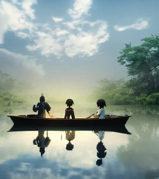 Image similar to three humans in a boat with a reflection of three crows in a swamp, volumetric lighting, fog, majestic light, octane render, ethereal glare of the sun, hyperrealistic, epic, masterpiece, by makoto shinkai