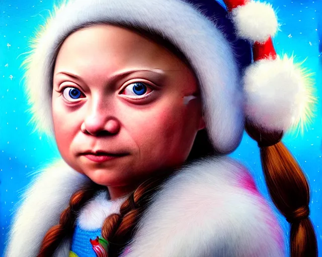 Image similar to closeup profile portrait of greta thunberg as an eskimo, nicoletta ceccoli, mark ryden, lostfish, max fleischer, hyper realistic, artstation, illustration, digital paint, matte paint, vivid colors, bright, cheerful, detailed and intricate christmas environment