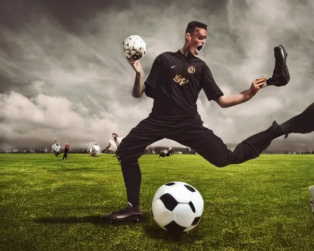 Image similar to incredible absurd surreal closeup photoshoot advertisement for soccer team, people playing soccer in the style of tim walker and by michael bay action movie vsco film grain