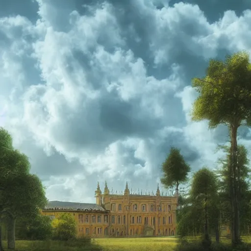 Image similar to a renaissance palace, beautiful tall trees, clouds in the sky, hyperrealistic