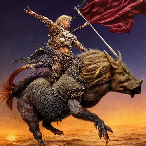 Image similar to hyperrealistic mixed media painting of Trump as a Warlord Riding a Boar, stunning 3d render inspired art by P. Craig Russell and Barry Windsor-Smith, 8k octane beautifully detailed render, post-processing, extremely hyperdetailed, intricate, epic composition, grim yet sparkling atmosphere, cinematic lighting + masterpiece, trending on artstation, very detailed, masterpiece, stunning