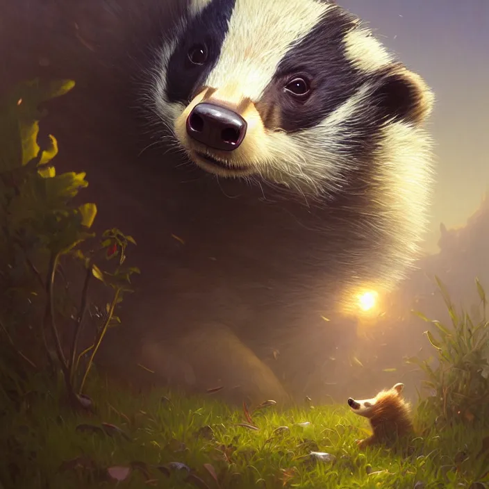 Image similar to highly detailed portrait of a cute badger, unreal engine, fantasy art by greg rutkowski, loish, rhads, ferdinand knab, makoto shinkai and lois van baarle, ilya kuvshinov, rossdraws, tom bagshaw, alphonse mucha, global illumination, radiant light, detailed and intricate environment