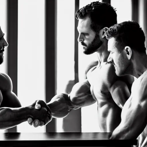 Image similar to two muscular menshaking hands in a way that looks like they are arm wrestling. sigma 8 5 mm f / 1. 4