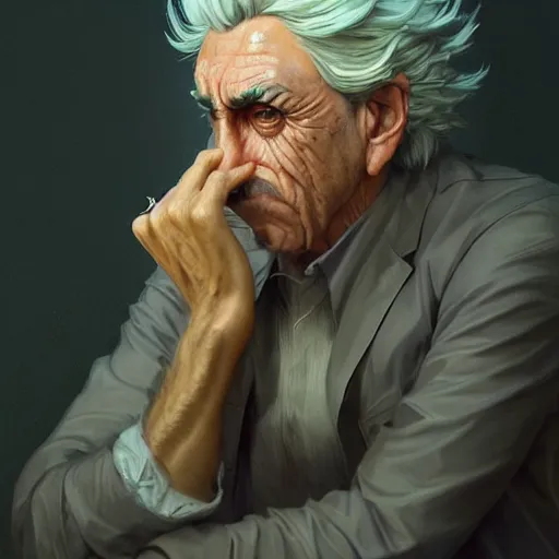 Prompt: Rick Sanchez, artists portrait, fantasy, highly detailed, digital painting, concept art, sharp focus, depth of field blur, illustration, art by artgerm and greg rutkowski and alphonse mucha