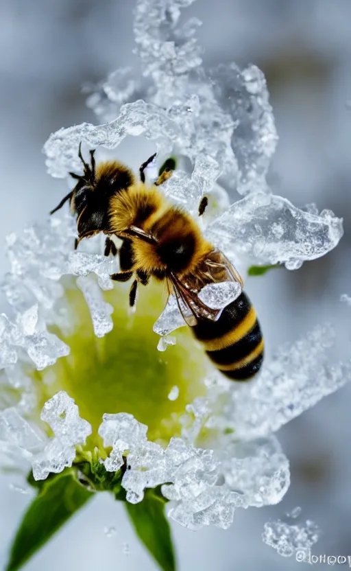 Image similar to a bee finding a beautiful flower, both entrapped in ice, only snow in the background, beautiful macro photography, ambient light