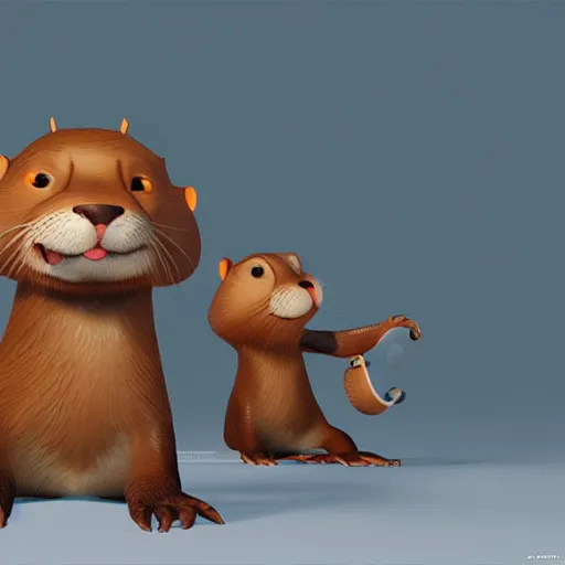 Image similar to character set, concept art, otters playing, 3 d render, pixar, dreamworks,