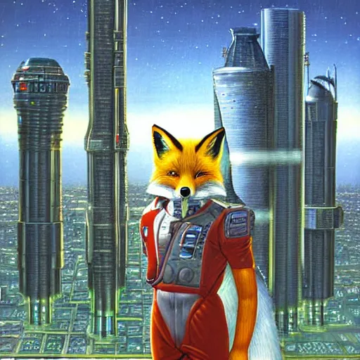 Image similar to a portrait of fox mccloud by peter elson, furry art, with a sci fi city background by syd dutton