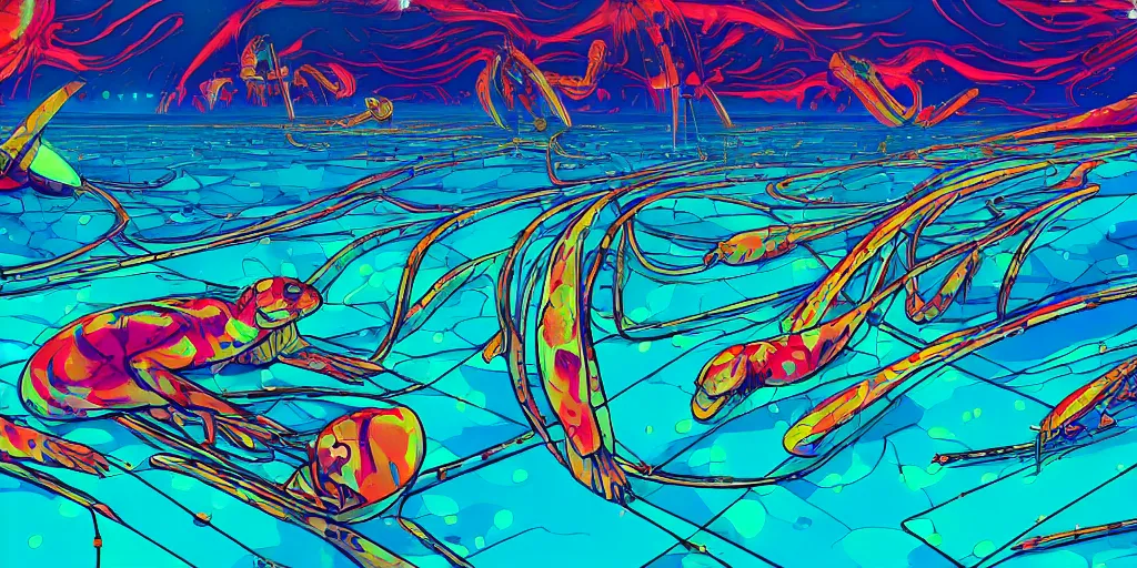 Prompt: electric cats that fly over ice, a lot of glass around, shrimps are all over the ground, psychedelic hallucinations, martian heat, by moebius, colorful flat surreal design, hd, 8 k, artstation