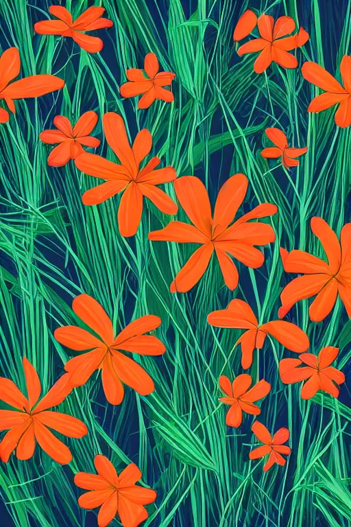 Image similar to moody vector illustration of tropical flowers and green reeds, multiple cohesive colors ranging from warm blues to bright oranges on a ((very dark background)), 4K resolution