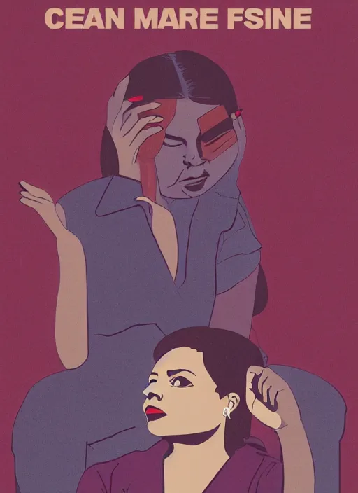 Image similar to poster artwork by James Jean and Tomer Hanuka, of Octavia Spencer has a mysterious man's voice in her hear who lives in a resort, psychological thriller film scene from scene from Twin Peaks, clean, simple illustration, nostalgic, domestic, full of details