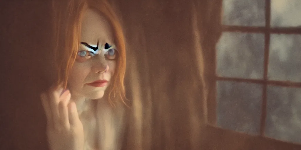 Image similar to portrait bust of emma stone, solemn expression, faded color film, russian cinema, tarkovsky, kodachrome, old cabin, next to window, heavy forest outside, long brown hair, old clothing, heavy fog, hudson river school, 4 k, dramatic lighting, greg rutkowski