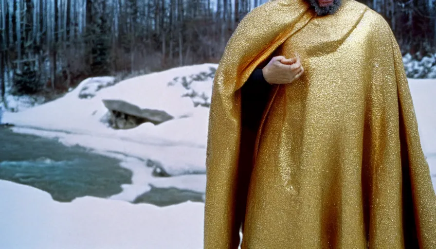 Image similar to 1 9 6 0 s movie still close up of marcus aurelius wearing a gold chestplate and a cape frozen to death under the snow by the side of a river with gravel, pine forests, cinestill 8 0 0 t 3 5 mm, high quality, heavy grain, high detail, texture, dramatic light, anamorphic, hyperrealistic, detailed hair, foggy