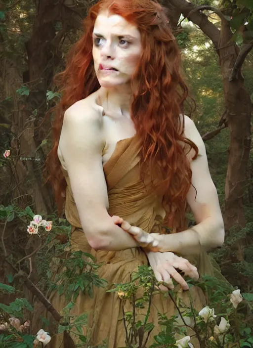 Image similar to portrait Rose Leslie as fox in the forest, full length shot, shining, 8k highly detailed, sharp focus, illustration, art by artgerm, mucha, bouguereau