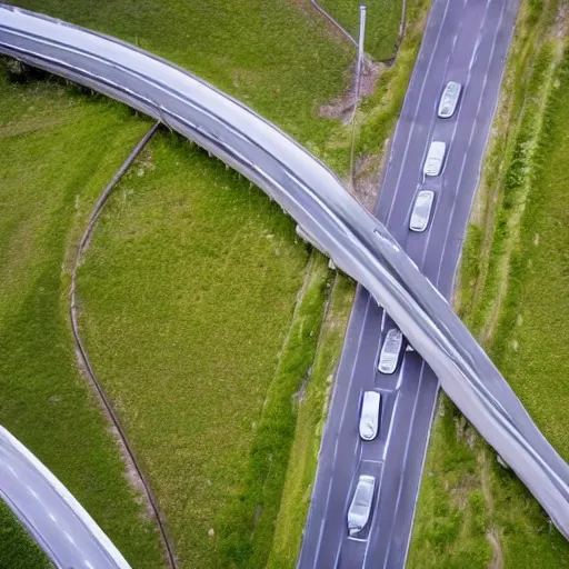 Image similar to banana-shaped car driving on busy highway, drone photograph