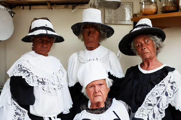 Image similar to close up of three old women from brittany with hats in white lace and black folk costumes in a kitchen. they look visibly angry