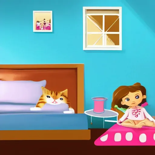 Prompt: a cute toddler girl is sleeping in her bedroom, while cats are making noise on the rooftops, pixar style