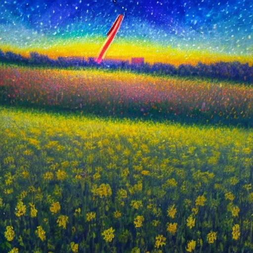 Image similar to spacex starship rocket landing in a field of flowers at sunset, impressionist painting