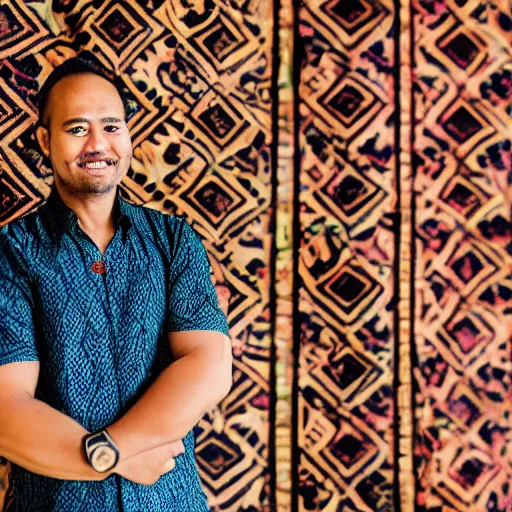 Image similar to A Photo Portrait of Joe Wearing Indonesian Batik Tulis at a fancy Balinese restaurant, award winning photography, sigma 85mm Lens F/1.4, blurred background, perfect faces