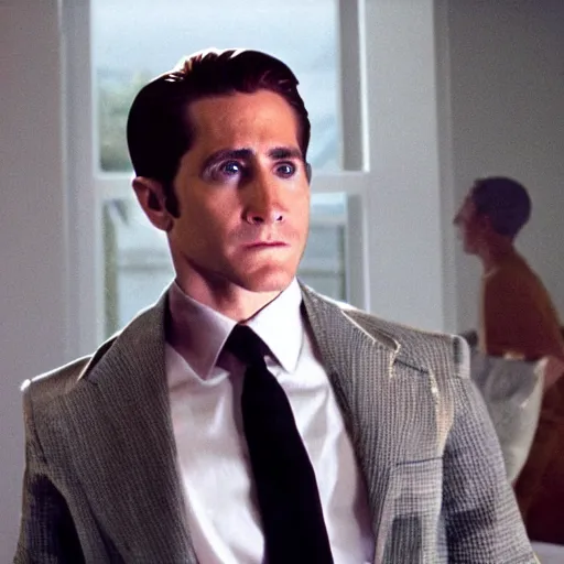 Image similar to film still of Jake Gyllenhaal as Patrick Bateman wearing clear poncho in American Psycho