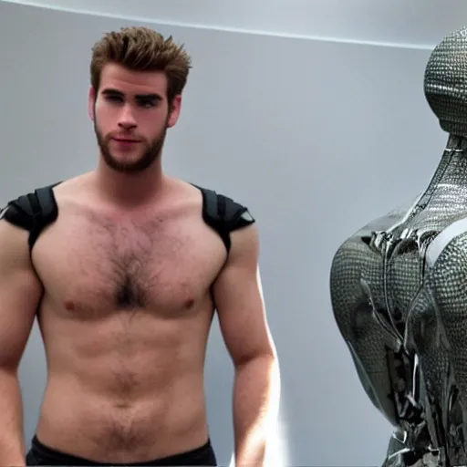 Image similar to “a realistic detailed photo of a guy who is an attractive humanoid who is half robot and half humanoid, who is a male android, actor Liam Hemsworth, shiny skin, posing like a statue, blank stare, at the museum, on display”