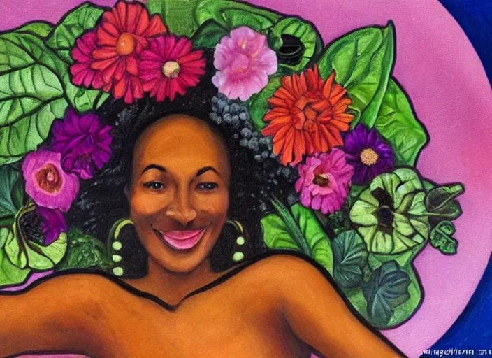 Prompt: an art nouveau oil painting of a beautiful, smiling black woman entirely made from vegetables, flowers and fruits, within a circle