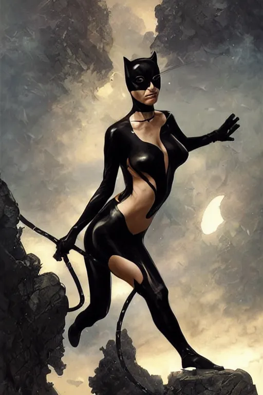 Image similar to aeon flux as cat woman picture by Greg Rutkowski, dynamic pose, matte painting, intricate, fantasy concept art, elegant, by Stanley Artgerm Lau, WLOP, golden ratio, thomas kindkade, alphonse mucha, loish, Peter chung, norman Rockwell,