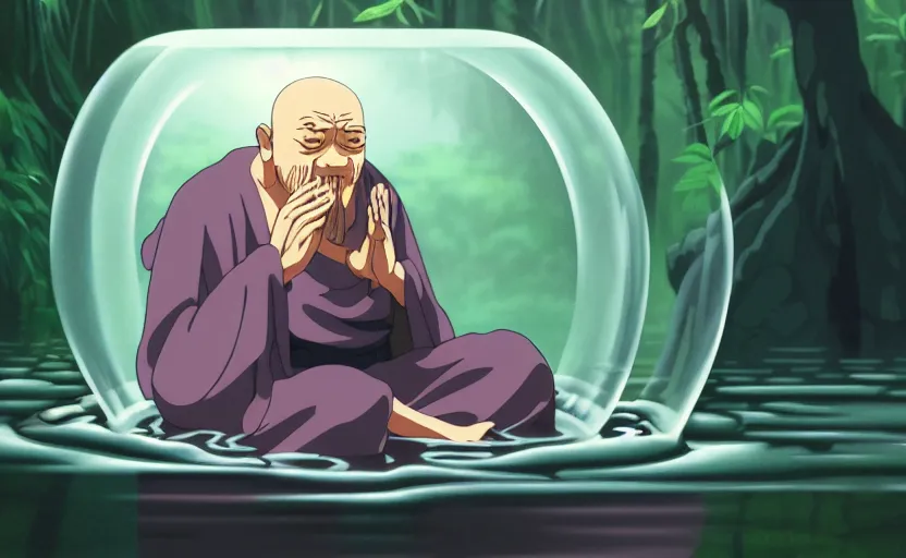 Image similar to a film still portrait of a mauve old monk meditating inside a cubic bubble in a flooded temple jungle. finely detailed features, closeup at the faces, chronenberg, perfect art, grimdark, trending on pixiv fanbox, painted by studio ghibli