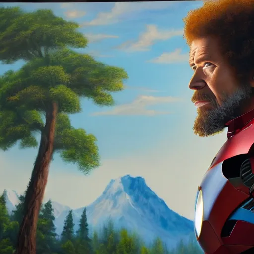 Prompt: a closeup photorealistic photograph of bob ross diligently finishing a canvas painting featuring iron man on the canvas. mountains and trees. film still. brightly lit scene. this 4 k hd image is trending on artstation, featured on behance, well - rendered, extra crisp, features intricate detail, epic composition and the style of unreal engine.