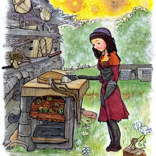 Image similar to the blacksmits’ daughter, working in the forge, a smile at her face, fantasy art in the style of Elsa Beskow,