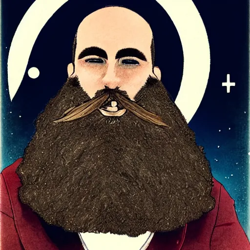 Image similar to man with a beard that reaches all the way to the moon and back