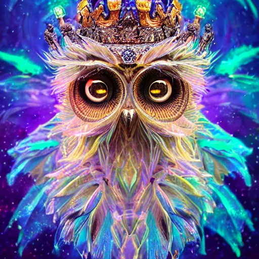 Image similar to detailed portrait of a alien magical owl, wearing a diamond crown, glowing feathers, halfway through, hyper detailed, stylistic, symmetrical, ethereal bohemian, detailed render, hdr, octane render