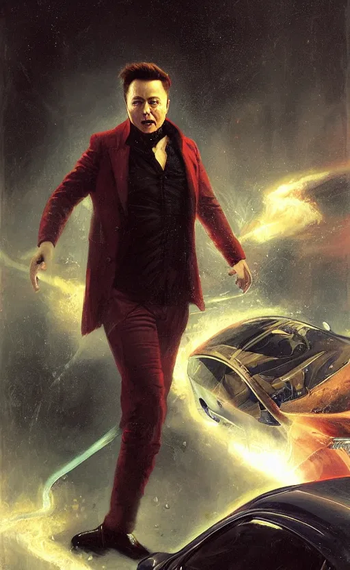 Prompt: elon musk on a murderous rampage in his stolen tesla by raphael lacoste and pierre auguste cot and delphin enjolras and daniel f. gerhartz