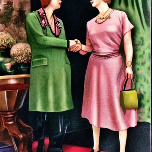 Prompt: a extreme long medium full shot, german and eastern european mixture kodachrome slide depicting a queen with tan skin, short, rippling dark cinnamon hair, and emerald coloured eyes, having a meeting with the prime minister. she is depicted in a vintage historical fantasy 1 9 3 2 life magazine photograph wearing a pink dress with floral patterns and green jewelry.