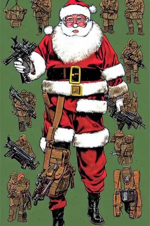 Image similar to concept of Santa Claus holding a M61 Vulcan and wearing an army harness vest full of pouches, by Geof Darrow and Simon Bisley, detailed, full body