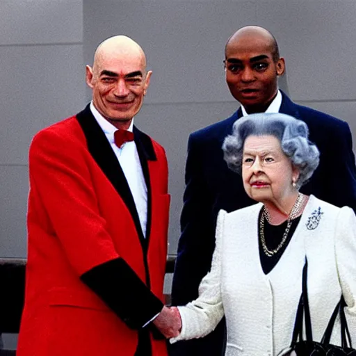 Image similar to pim fortuyn and michael jackson shaking hands, on a podium, in front of the queen